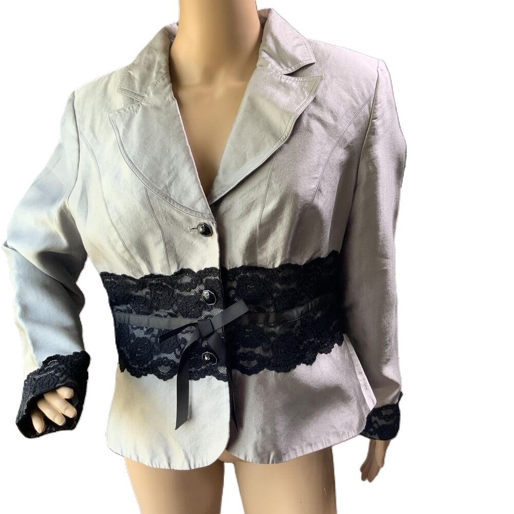 ALLEN by A.B.S Grey Womens 2-Button Lace Trim Notched Lapel Blazer‎ Jacket  12